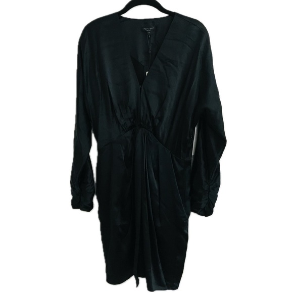 rag & bone Black Silk Satin "Eloise" Gathered Ruched V Front Mini Dress - Picture 6 of 14